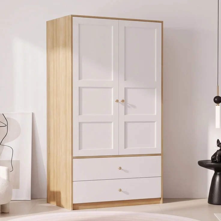 ZUBALIYA Doppeltüriger Kleiderschrank, 2-türiger Kleiderschrank, mit 2 Schubladen und Kleiderstange, Schlafzimmermöbel, Garderobenschrank, Kleiderschrank mit Kleiderstange, 100 x 48 x 180 cm,Weiß und Holzoptik – Bild 15