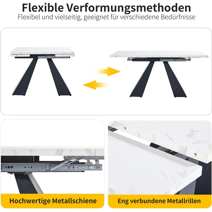 Ausziehbarer Esstisch 99–159 cm in Schwarz & Weiß, Carbonstahl-Gestell, höhenverstellbar, flexibles Metallschienensystem, rutschfeste Standfüße, 77cmx99-159cmx74cm