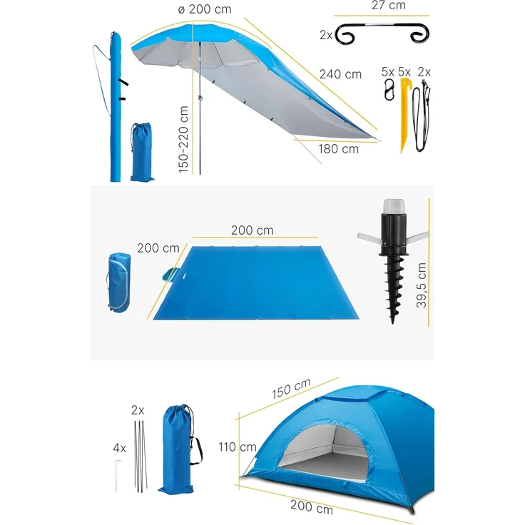 4smile Sonnenschirm 6er-Set in Blau, Ø 200 cm, Sonnenschirm Strand, Strandmuschel(2x1,5 m), stabiler Schirmständer Erdspieß, Sonnensegel Strand, faltbare Stranddecke(2x2 m), Schirmhülle – Bild 6