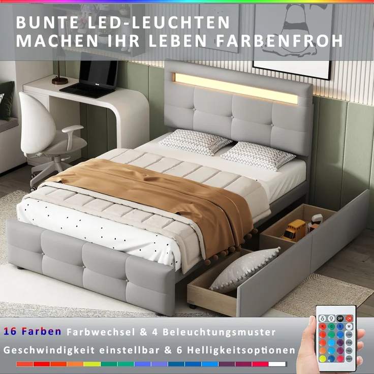 Polsterbett 90x200 cm mit LED-Beleuchtung und Schubladen – klassisches Design, höhenverstellbares Kopfteil – Bild 4