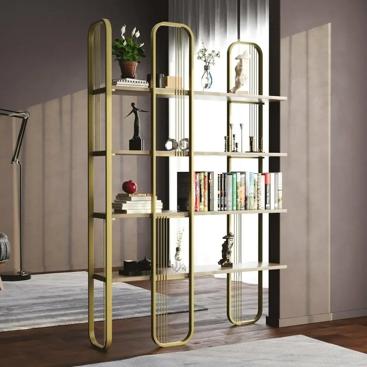 Dmora - Bücherregal Almena, Büroregal, Bücherregal, Bibliothek, 125 x 28 x 180 cm, Gold