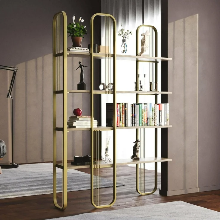 Dmora - Bücherregal Almena, Büroregal, Bücherregal, Bibliothek, 125 x 28 x 180 cm, Gold – Bild 1