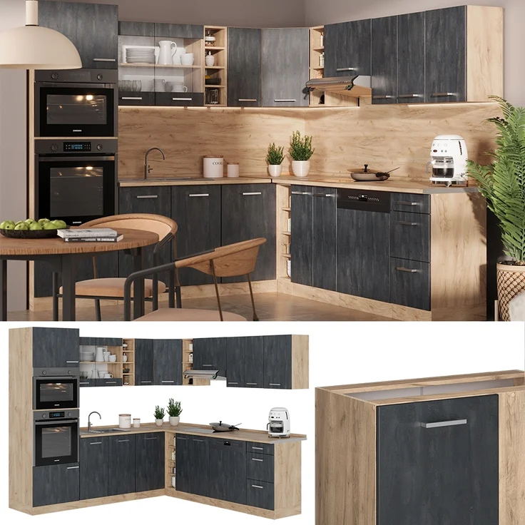 Eckküche R-Line Schwarz Beton/Goldkraft Eiche 247 x 60 cm AP Eiche Vicco – Bild 1