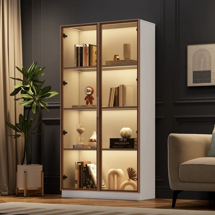 Glasvitrine mit LED-Beleuchtung, doppeltürige Vitrine mit beweglichen Einlegeböden, 80*40*160cm,Hochschrank für Wohnzimmer, Standvitrine,Badezimmerschrank--Weiß--80x40x160cm--YOUDENOVA – Bild 2
