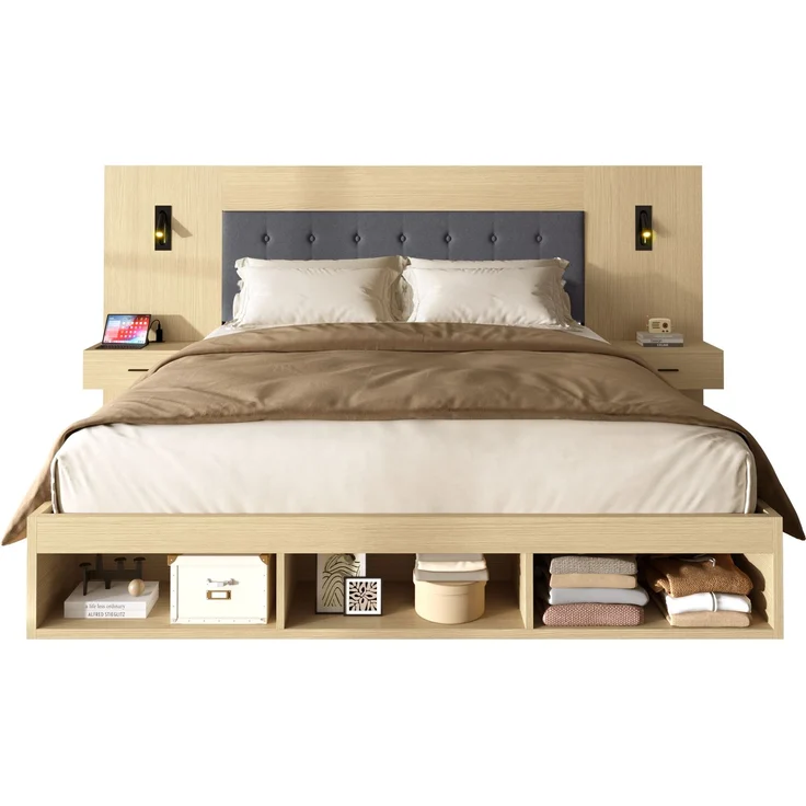 Merax Doppelbett 160*200cm, Stauraumbett, holzbett, Jugendbett, mit USB& Type-C-Ladestation und Leselampe, mit 2 Nachttische, heller Eichenfarbe – Bild 8