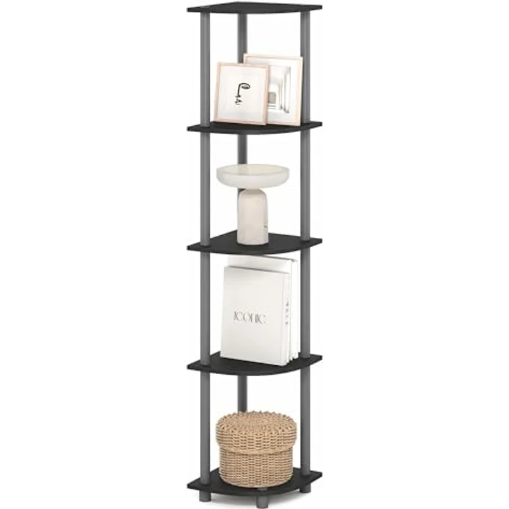 Furinno Turn-N-Tube Eckregal, 5-stöckiges Eck Bücherregal, Offene Aufbewahrungsregale, für Organisation und Aufbewahrung, Wohnzimmer, Home Office, Garage, Schlafzimmer, Rein Schwarz – Bild 1