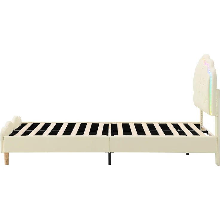 U-life Polsterbett 90x200 cm, Einzelbett und Kinderbett, mit wellenförmigem Kopfteil, LED-Lichtleiste und PU-Bezug, Beige – Bild 8