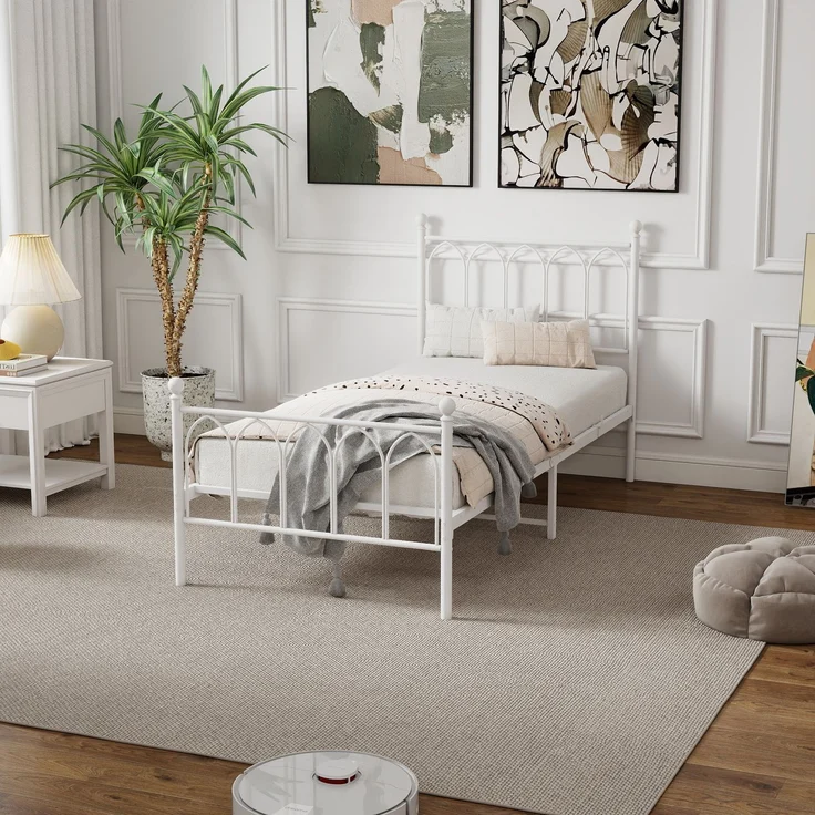 Einzelbett Metall 90x200 cm, Weiß, Lattenrost, Stauraum 27 cm, rustikal (ohne Matratze) – Bild 3