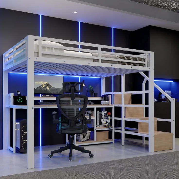 EINHOM Hochbett, 140 x 200 cm, Metallbettgestell, Leiterschrank, Ablagefach, USB + Typ-C, LED-Lichtleiste, Weiß (Ohne Matratze)