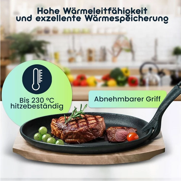 Casativo Servierpfanne Profi Gusseisen Servierpfanne bis 230°C mit Holzuntersetzer 820g, Gusseisen (4-tlg, 1er-Set/2er-Set/4er-Set), abnehmbarer Griff, backofenfest, 24 x 14 x 2,2 cm, haltbar – Bild 4