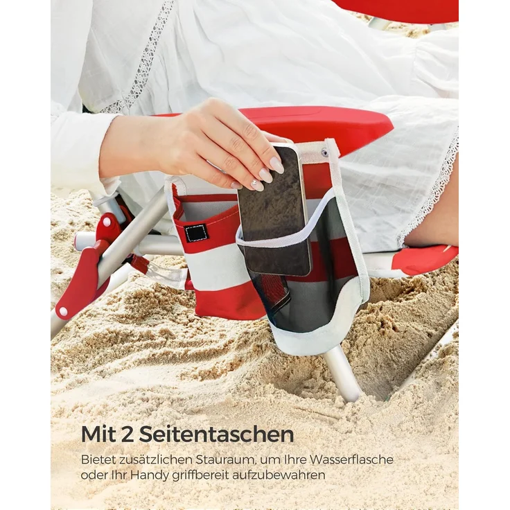 SONGMICS Strandstuhl, faltbar mit Schultergurt, verstellbarer Rückenlehne & Kopfstütze, Rot / Weiß – Bild 8