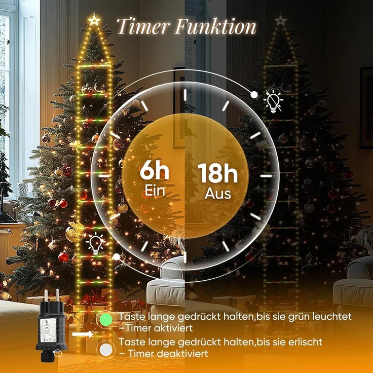 Salcar LED-Lichterkette LED Weihnachts Leiter 3M Weihnachtslichterkette Warmeweiß, Timer, Memory, 9 Modi(Stufenlos Warmweiß/Vierfarben/Macaron-Farben) – Bild 5