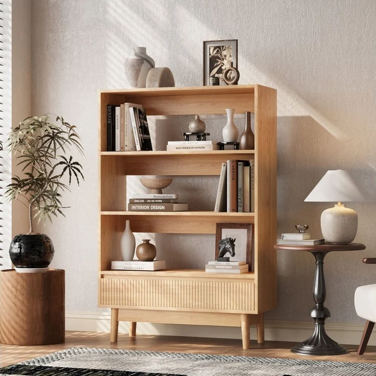 VOWNER Bücherregal mit Schublade, offenes Standregal, modernes Holzregal, 2-tlg, vielseitiges Aufbewahrungsregal, 3 Ebenen, Maße 160x120x30 cm – Bild 4
