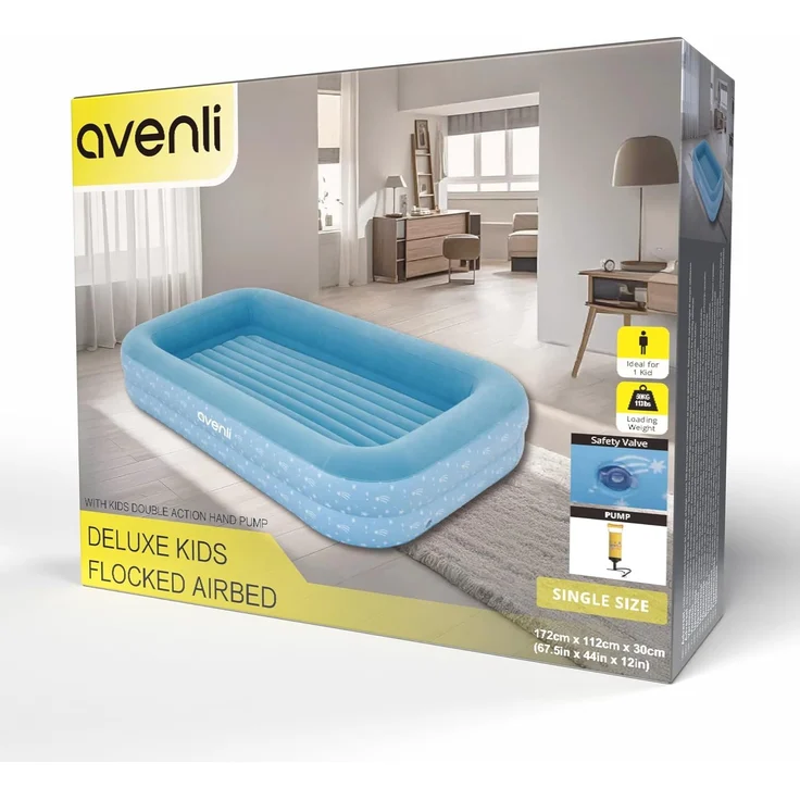 AVENLI Kinder Luftbett Luftmatratze 172x112x30cm beflockt inkl. Handpumpe Blau – Bild 9