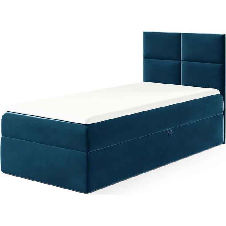 MEBLINI Kinderbett mit Bettkasten MINO 3 90x200 Rechts – H3/Blau Samt Gepolstert Einzelbett mit Matratze - Polsterbett mit Stauraum - Bett mit Kopfteil – Stauraumbett