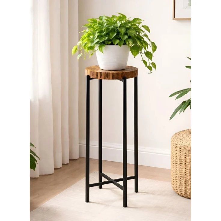 Dekoleidenschaft Blumenständer "Industrial" Pflanzenständer aus recyceltem Holz, Blumenhocker rund, Ø 33 x H 82 cm, Pflanzenhocker mit Gestell aus Metall, schwarz – Bild 1