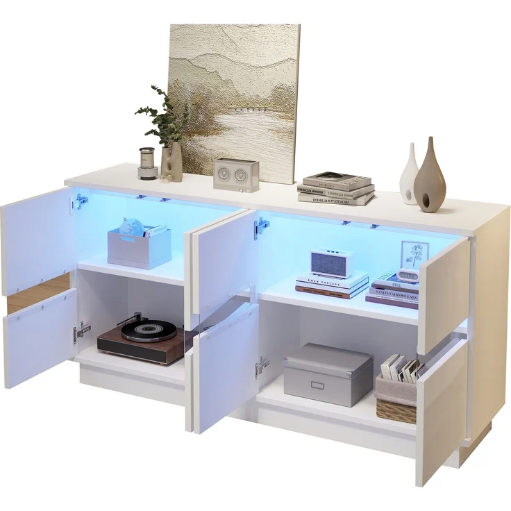 Sideboard 140 x 35 x 70 cm aus Spanplatte und Acryl, weiß mit Hochglanzfront und LED-Beleuchtung – Bild 5