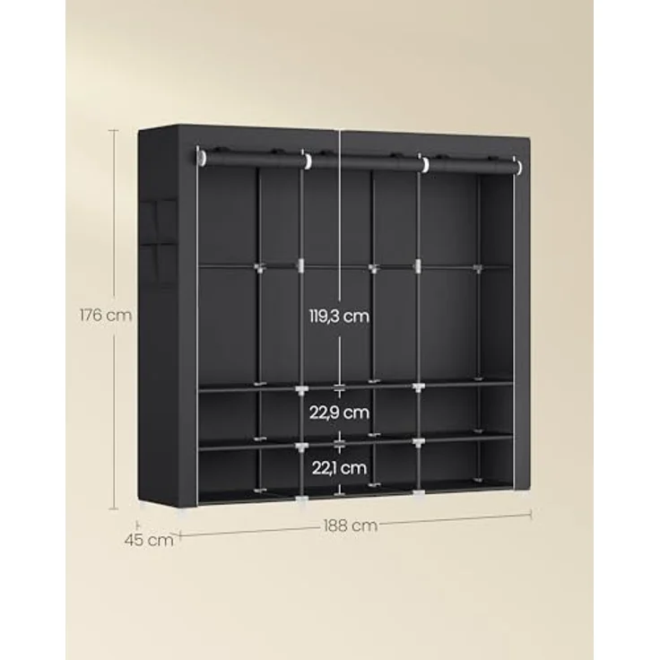 Stoffschrank, Kleiderschrank, geräumig, 45 x 188 x 176 cm, 3 Hängefächer, Ablagen, 4 Seitentaschen, für Schlafzimmer, Wohnzimmer – Bild 6
