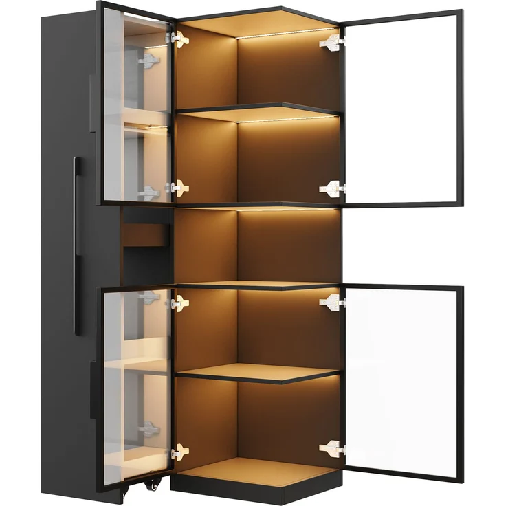 ZUBALIYA Vitrinenschrank 70×38×160 cm mit Ausziehregal – Doppelglas-Standvitrine LED, Glasvitrine & Aufbewahrung, multifunktionaler Hochschrank für Wohnzimmer, Esszimmer, Küche – Bild 11