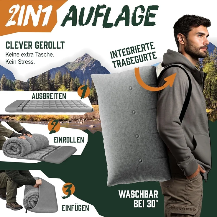 ELONEO Feldbett klappbar mit Premium Auflage, Campingliege bis 200kg belastbar, Grau – Bild 3