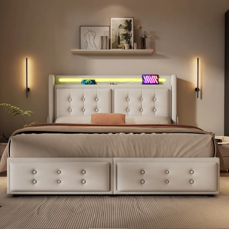 Polsterbett Baumwoll-Leinen mit LED & USB-Anschluss, 180x200 cm, 188x220x106 cm, Beige, ohne Matratze – Bild 2