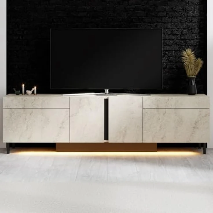 Moderner TV-Ständer mit LED-Beleuchtung, Travertin-Optik, 180 cm | 100% melaminbeschichtet, Metallbeine, RGB-Fernbedienung | Stilvolles und funktionales Design – Bild 3