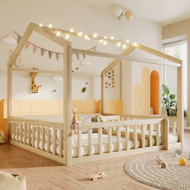 Hausbett mit LED Kugel-Lichterkette, 90x190cm*2/180x190cm, Kinderbett mit Rausfallschutz und Lattenrost, Kiefer – Bild 4