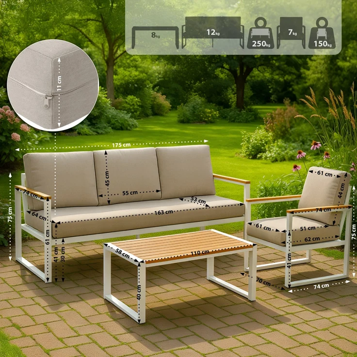 Outdoor Sitzgruppe ROROS - Stoff Weiß 323x144x75 cm | Gartenloungeset Gartenessgruppe Gartenmöbelset Stühle Bank Tisch Garten Sitzgruppe – Bild 5