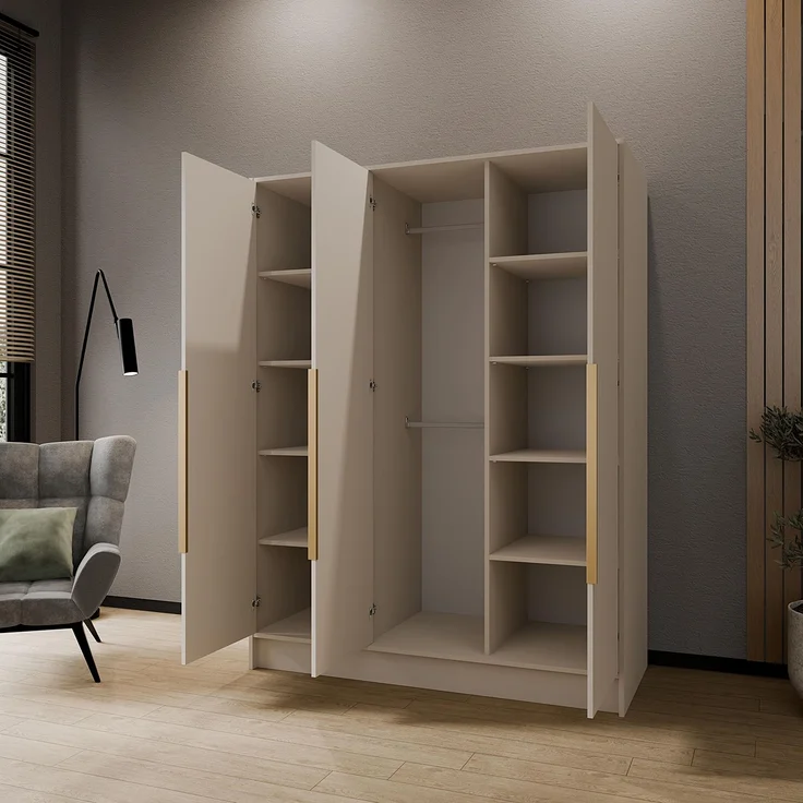 MEBLINI Kleiderschrank LUSINDA 150cm - Kaschmir - mit goldfarbenen Griffen - Drehtürenschrank mit einem Spiegel - Kleiderstangen und Regalböden – Bild 4