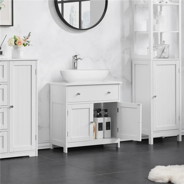 Yaheetech Waschbeckenunterschrank mit Schublade & 2 Türen, Holz weiß, 60x30x60 cm – Bild 2