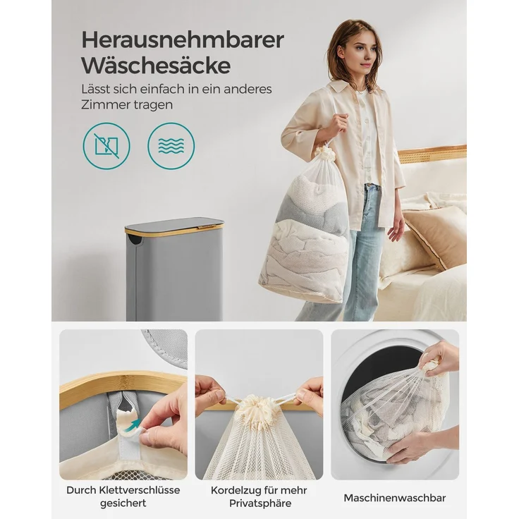 SONGMICS Wäschekorb mit Deckel und herausnehmbarem Wäschesack, zusammenklappbar, Bambus / Oxford-Gewebe taubengrau, 65 l – Bild 2