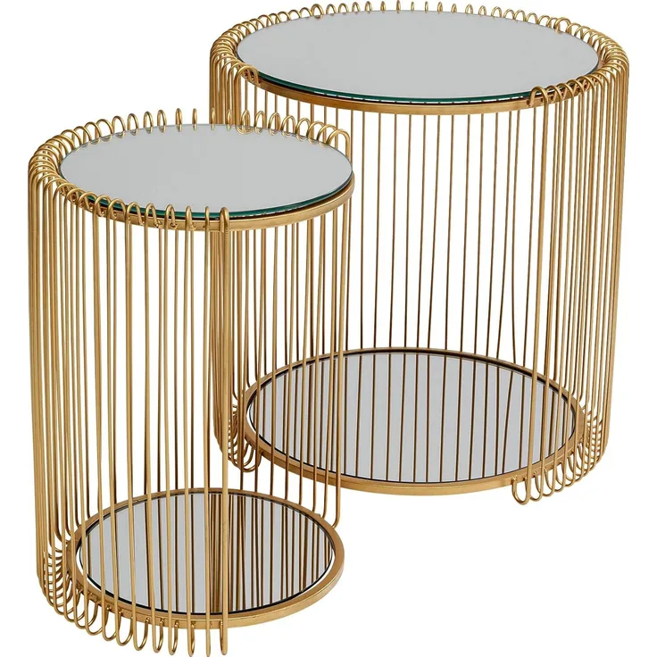 Kare Design Beistelltisch Wire Double (2-Set), Brass, Durchmesser 45cm, Elegant, Wohnzimmertisch, Couchtisch, Stahlgestell, Sofatisch, Spiegeltisch, 46 x 45 x 45 cm (H-B-T)