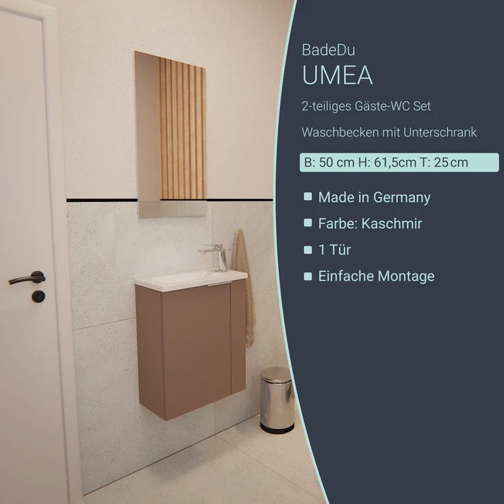 BADEDU UMEA Gäste WC Waschtisch Set 50 cm breit, Grau, Waschbecken Gussmarmor Weiß – Bild 2