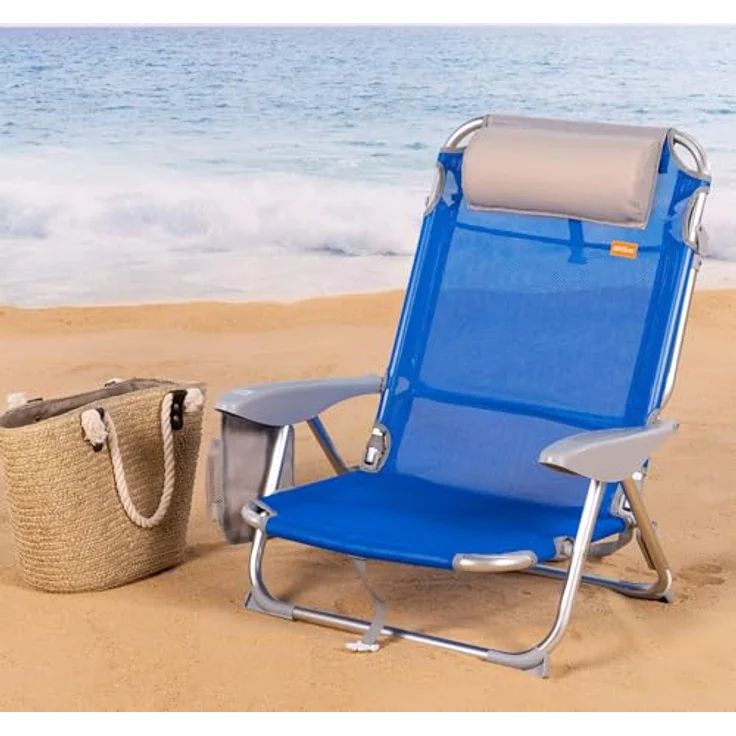 Aktive 62609 Strandklappstuhl mit Kissen, Liegestuhl, 4 Positionen, 62 x 62 x 76 cm, Sitzhöhe 20 cm, Tragegriff, Seitentasche, Blau, Aktive Beach – Bild 3