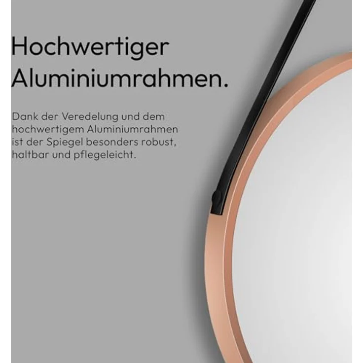 Talos Dekorativer runder Wandspiegel, Kupfer matt, Aluminiumrahmen Ø 50 cm mit lederoptischem Aufhängegurt – Bild 5