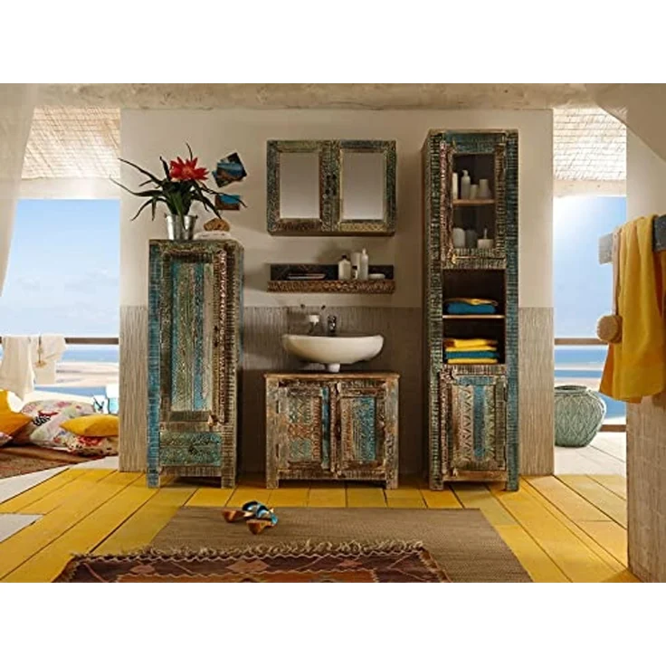 Mangoholz Wandboard Blue Lagoon: Südsee Flair fürs Bad, Farbige Unikate, 70x16x23 cm – Bild 2