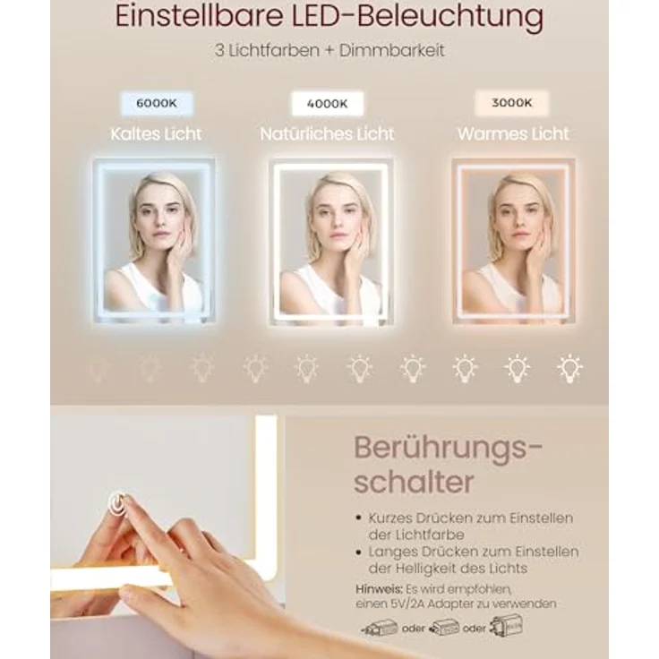 VASAGLE Kailyn Kollektion - Schminktisch mit LED-Beleuchtung, Frisiertisch mit Steckdosenleiste, Spiegel, Kosmetiktisch mit verstellbaren Ablagen, modern, 40 x 105 x 145 cm, wolkenweiß RDT144WB01 – Bild 5