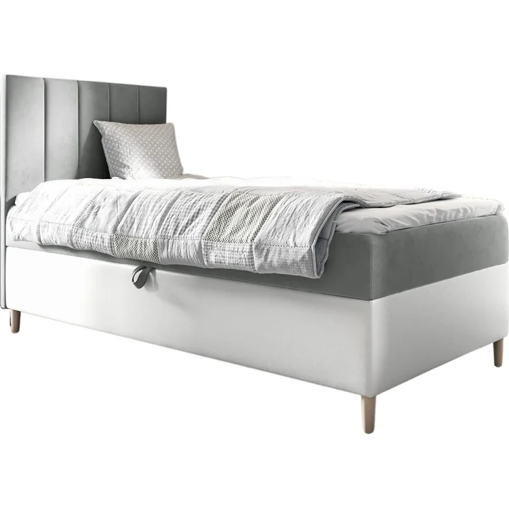 MEBLINI Kinderbett mit Bettkasten MAYA 1 90x200 Links – H3/Grau Samt Gepolstert Einzelbett mit Matratze - Polsterbett mit Stauraum - Bett mit Kopfteil – Stauraumbett – Bild 1