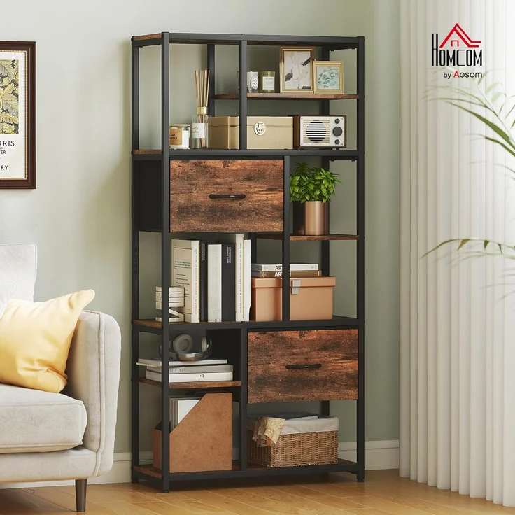 HOMCOM Standregal Bücherregal mit 2 Stoffschubladen, 9 offenen Fächern, Aufbewahrungsregal 1-tlg, für Büro, Wohnzimmer, Schlafzimmer, 72,5x30x150 cm, Rustikal-Braun – Bild 2