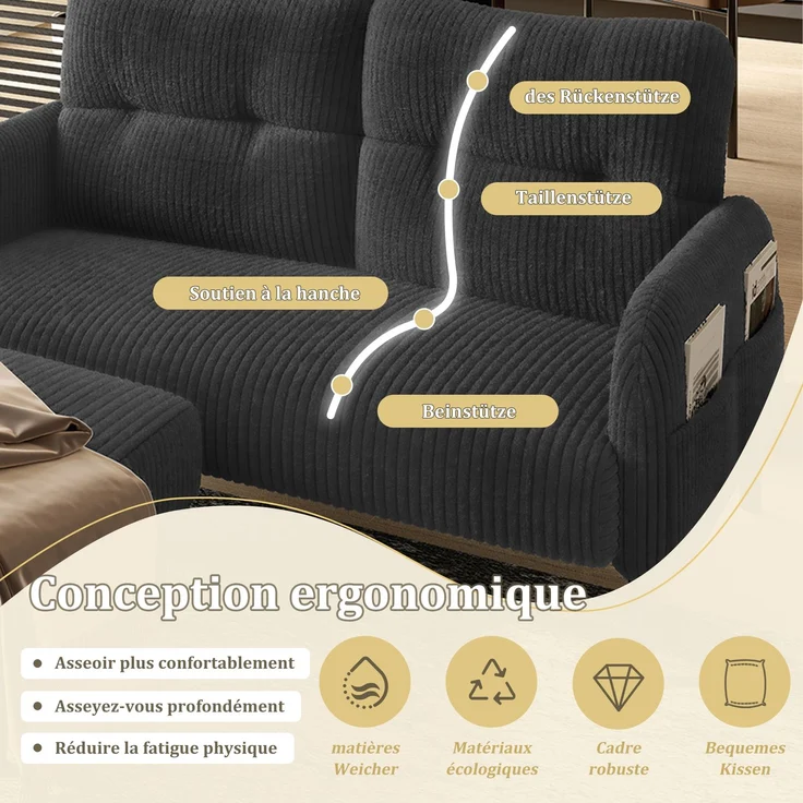 3-teilige Cord-Sitzgruppe aus 2-Sitzer-Sofa, Sessel und Hocker, gepolstertes Lounge-Set mit Seitentasche und Metall-Holz-Gestell, Grau – Bild 5