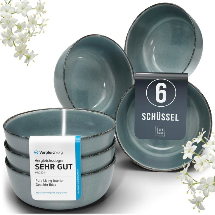 PURE LIVING INTERIOR DESIGN Geschirr-Set Müslischalen Rustic, 6er-Set, 16 cm, Rauchblau, Steingut (6-tlg), 6 Personen, Steingut – Bild 1