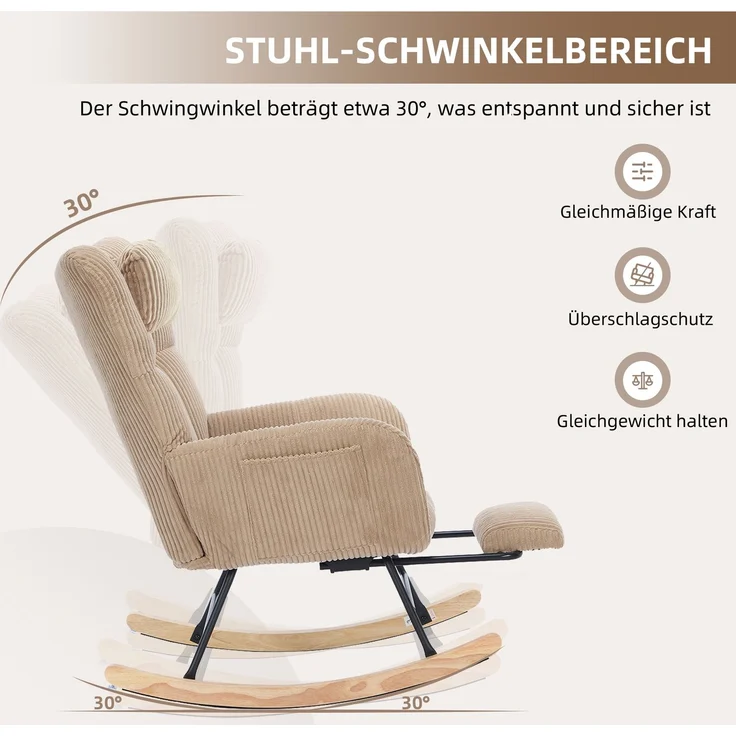 Schaukelstuhl aus Cordstoff in Braun mit hoher Rückenlehne, Beinstütze, Seitentasche, Relax Sessel für Wohnzimmer & Babyzimmer – Bild 8