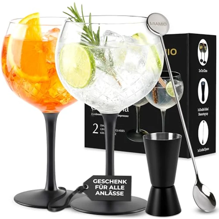 MiaMio Cocktailglas Crystaluna Gin Tonic, 650 ml, schwarzer Stiel, 2-tlg, Glas – Bild 1