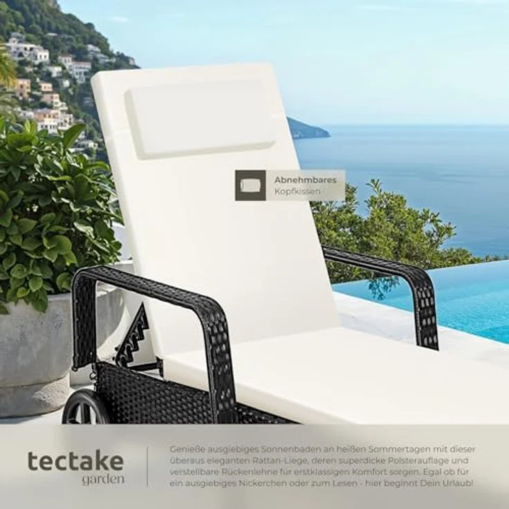 tectake Poly Rattan Gartenliege mit Rollen, 6-Fach höhenverstellbarer Liegestuhl, bis 120kg belastbar, Sonnenliege Rattan (wetterfest), Liege inkl. Polster und Kissen - schwarz/beige – Bild 6