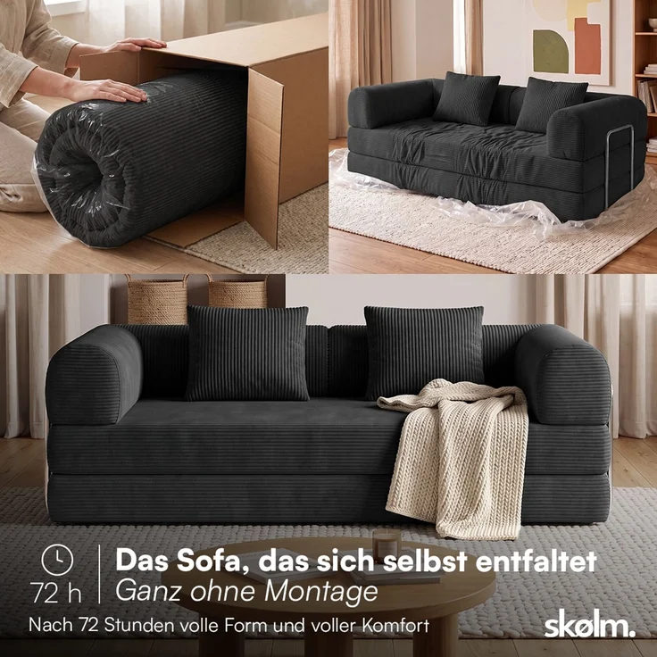 skølm 'Lofn' Modulares Sofa 2 Sitzer, 200x100 cm, Vollschaumcouch mit Metallgestell, Cord schwarz, Schlafsofa vakuumverpackt, kein Aufbau erforderlich – Bild 3