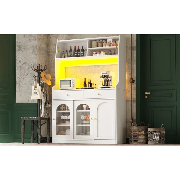 Küchenschrank, Hochschrank, Vitrinenschrank, Buffetschrank mit Verstellbaren Ablagen, Esszimmerschrank mit 2 Schubladen,Sideboard mit LED-Beleuchtung,Variable Lichtfarben,Weiß--Weiß--120x40x180cm--YOUDENOVA – Bild 4