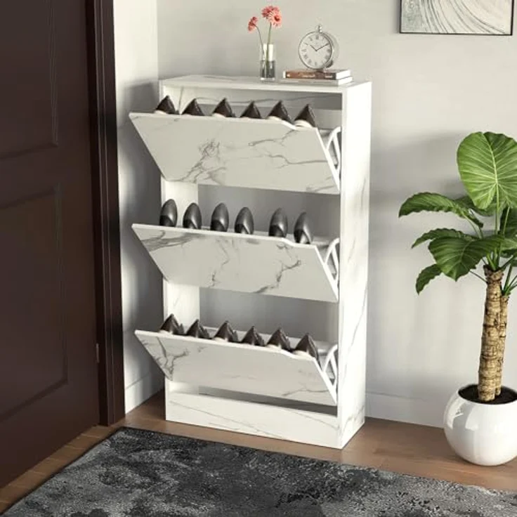 BAKAJI Schuhregal aus MDF-Holz mit 3 Türen, klappbarer Schuhhalter, versenkbare Griffe, doppelte Tiefe, kompakte Größe, schmal, 63 x 24 x 115 cm, platzsparend, Eingang Haus (Marmor) – Bild 3