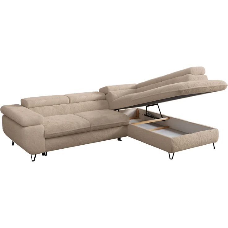Ecksofa mit Bettfunktion, Modern Sofa, L-form, Einstellbare Kopfstützen, Bettkasten - PETER - Beige Plüsch - Topper T25 - rechts – Bild 3