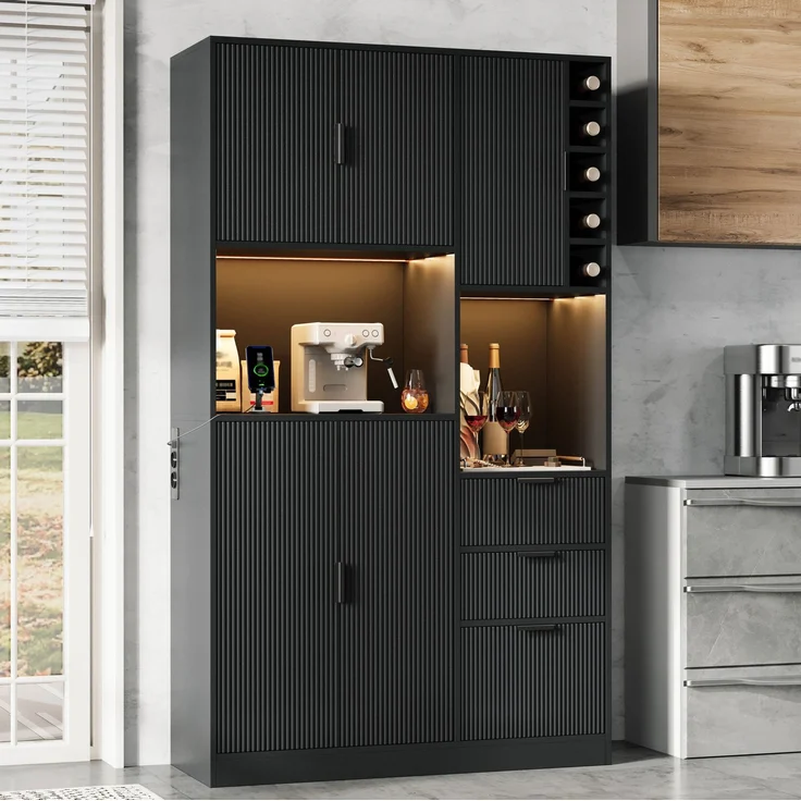 Küchenbuffetschrank 105x40x180 cm mit Weinregal, Schubladen und LED-Beleuchtung – Schwarz – Bild 1