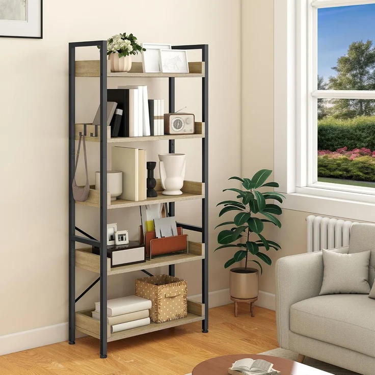 YITAHOME Bücherregal mit 5 Ebenen, hohes, schmales dünnes Holzregale, Holzregal, industrielle Aufbewahrungseinheit für Wohnzimmer, Home Office – Eichenfarbe – Bild 1
